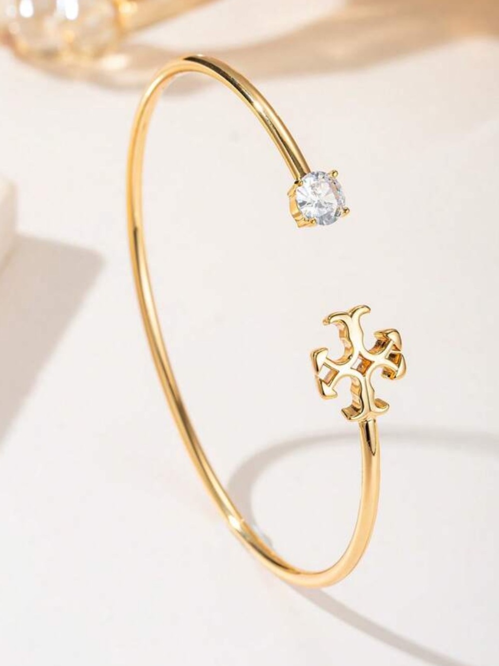 New Gold Open Cuff Bracelet with Crystal Accent